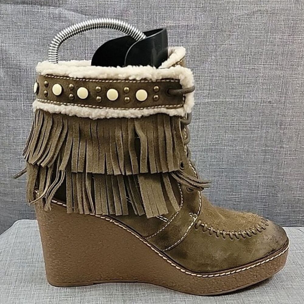 Sam Edelman Kemper Fringe Wedge Tan Suede Moccasin Booties SZ 9